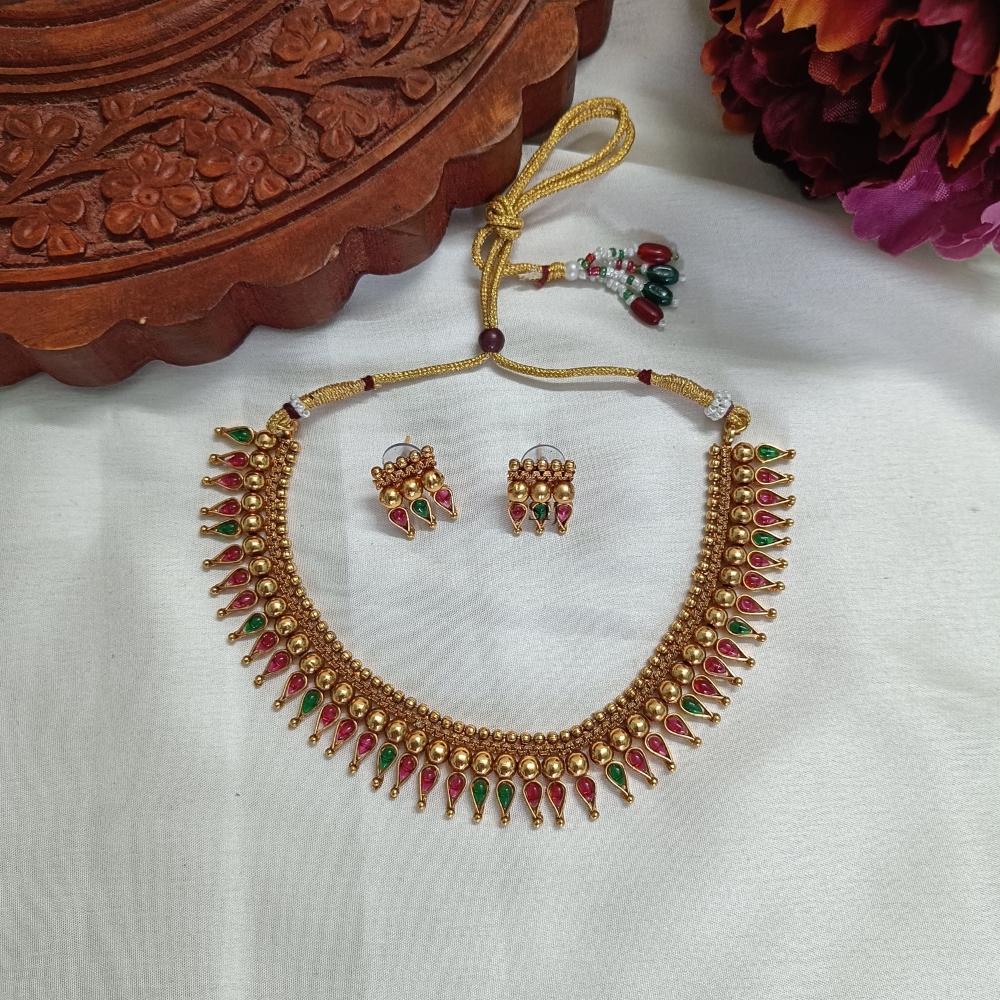 Imitation Green and Red Stones Necklace with Gold Balls