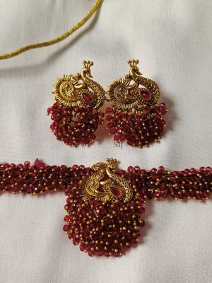 Imitation Red Beads Choker with Peacock Pendant