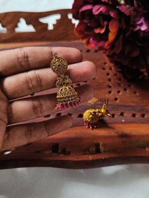 Traditional Pink Stones Jhumkas