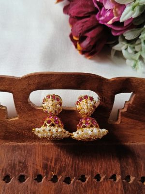 Imitation Pink Stones Pearl Jhumkas