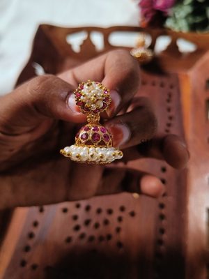 Imitation Pink Stones Pearl Jhumkas