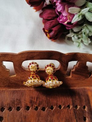 Traditional Red Stones Pearl Jhumkas