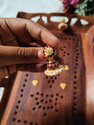 Traditional Red Stones Pearl Jhumkas