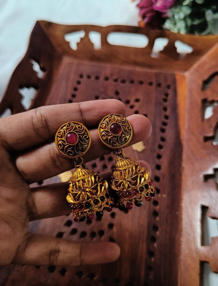 Matte Finish Ruby Stone Jhumkas