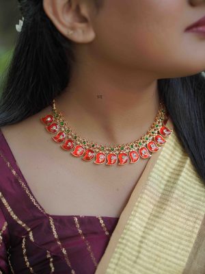 Gold Finish Orange Color Mango Design Necklace