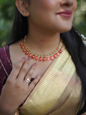 Gold Finish Orange Color Mango Design Necklace