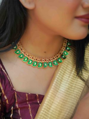 Gold Finish Green Color Mango Design Necklace