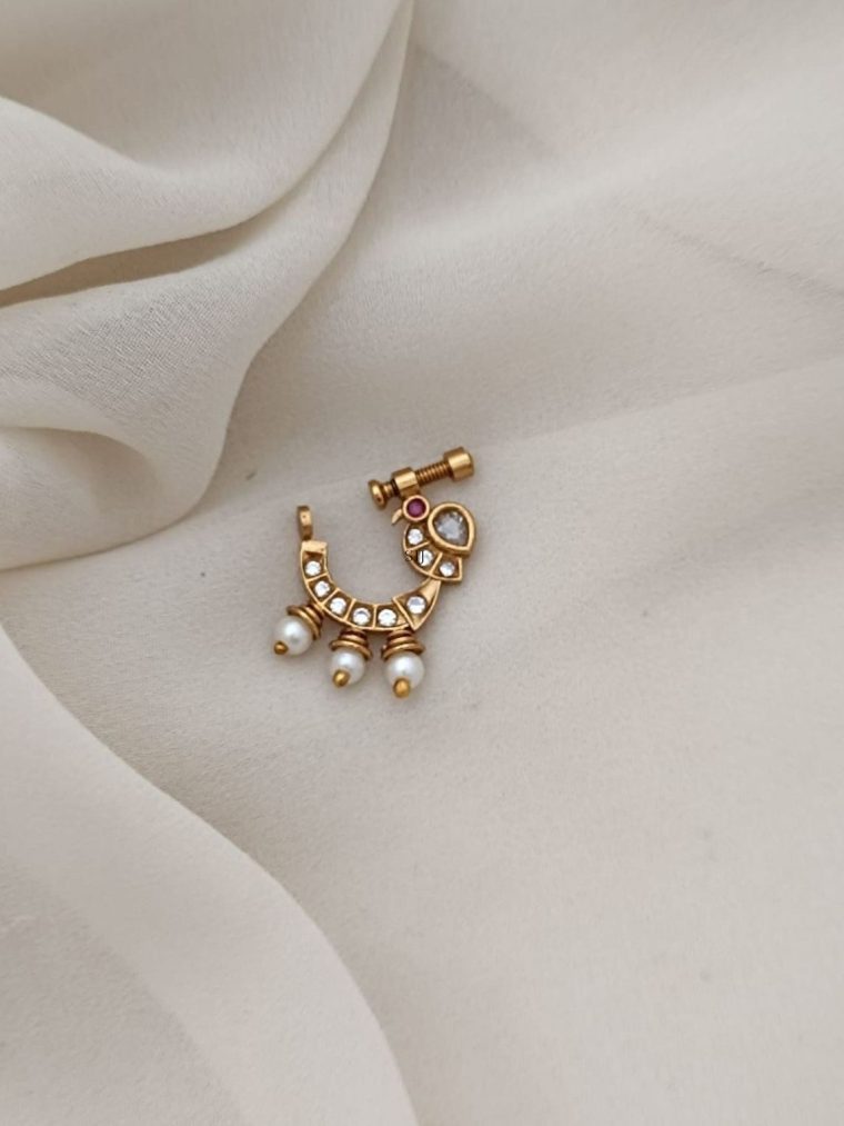 Artificial White Stones With Pearl Ring Type Nose Pin