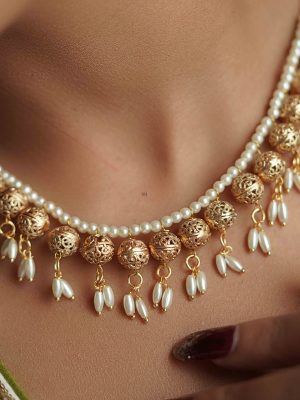 Gold Finish Ball Design Rice Pearl Necklace