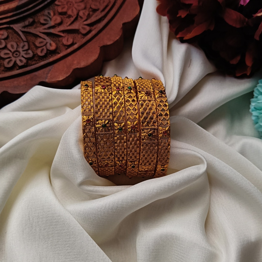 Gold Finish Green& Ruby Stones Bangles Set_1