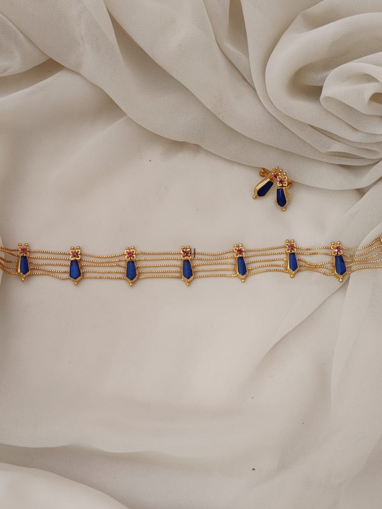 Gold Plated Blue& Pink Stones Palaka Choker