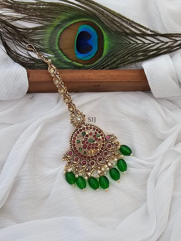 Gold Plated Peacock Maang Tikka with Green Beads