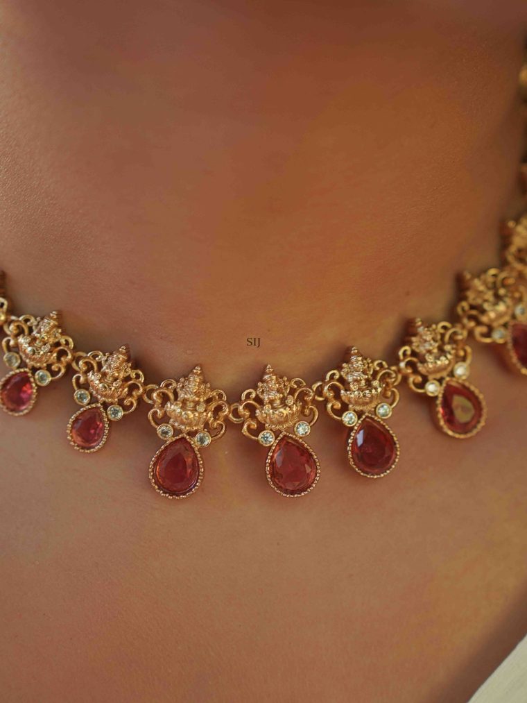 Traditional Lakshmi Teardrop Ruby Stone Necklace