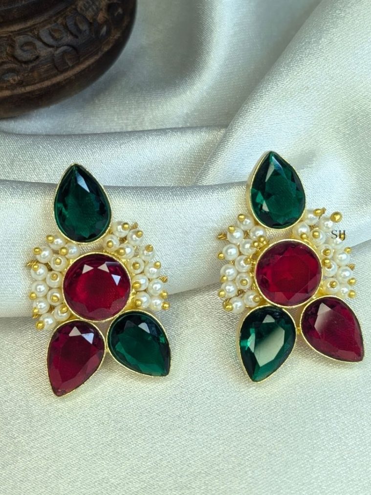 Imitation Floral Design Red and Green Stones Earrings with Pearls