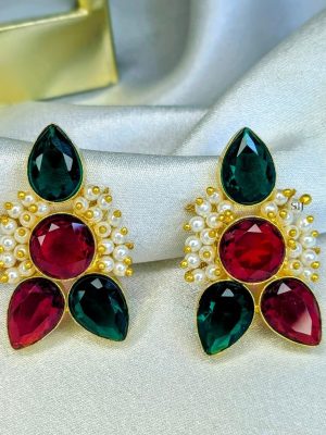 Imitation Floral Design Red and Green Stones Earrings with Pearls