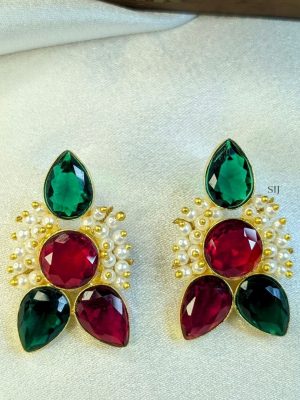 Imitation Floral Design Red and Green Stones Earrings with Pearls