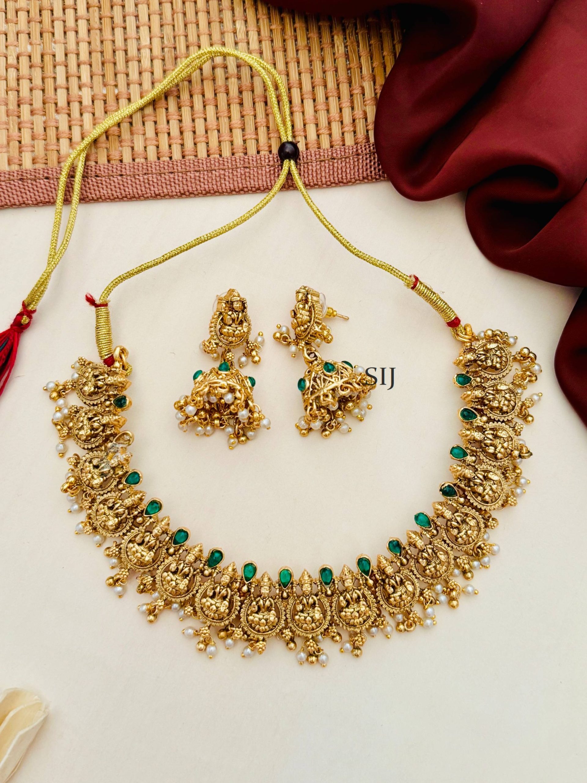 Traditional Lakshmi Design Green Stone Necklace With Jhumkas