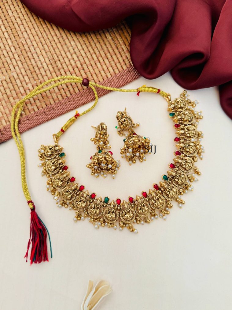 Imitation Red And Green Stone Lakshmi Necklace With Jhumkas