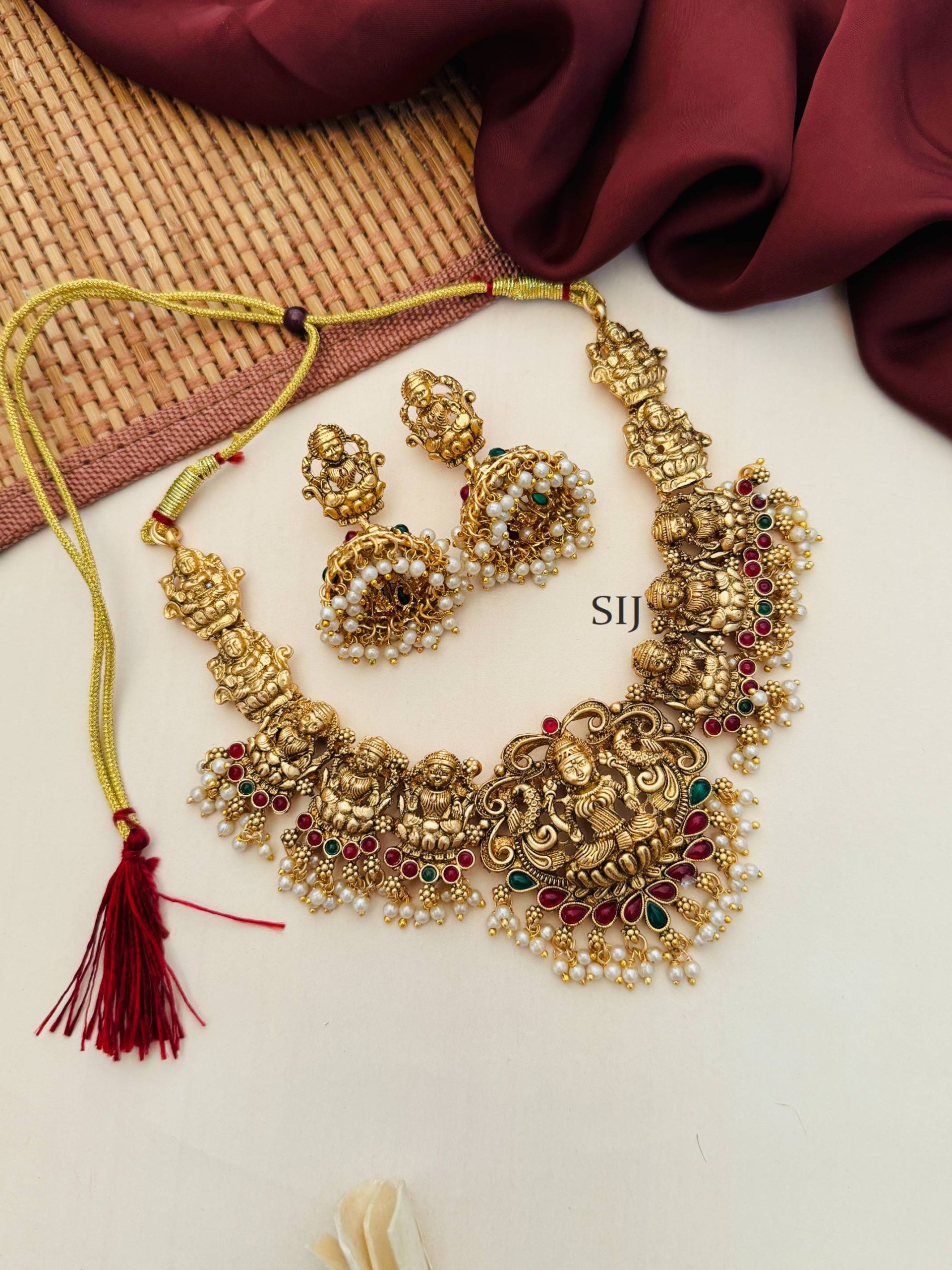 Gold Plated Lakshmi Design Necklace With Jhumkas