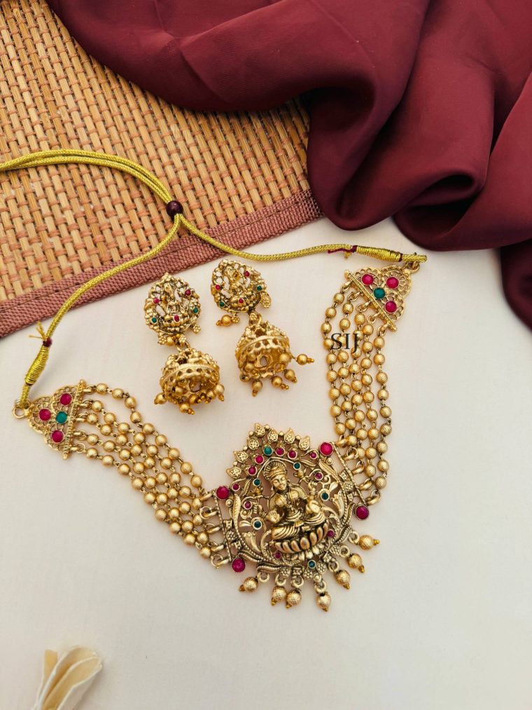 Imitation Beaded Lakshmi Necklace With Jhumkas