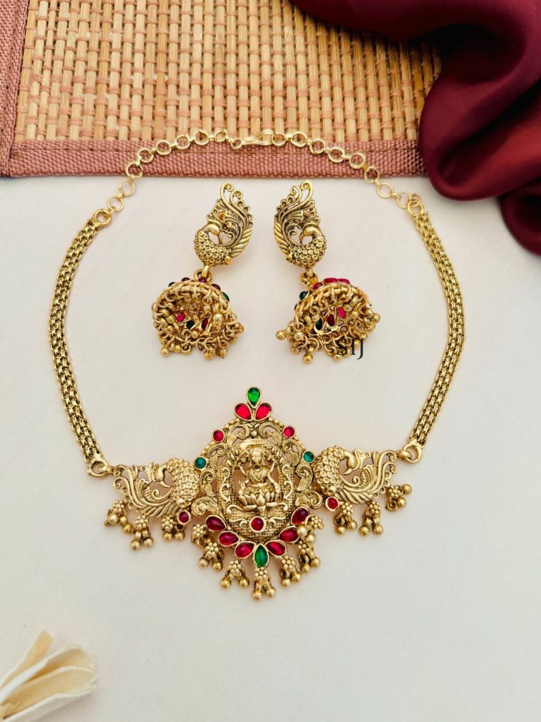 Traditional Lakshmi Design Necklace With Jhumkas