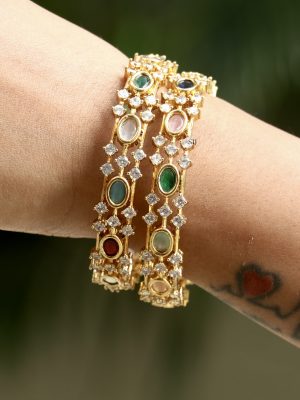 Gold Plated Navarathana Bangles With AD Stones