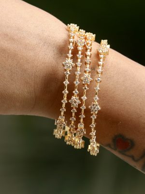 Gold Finish White Stones Flower Design Bangles