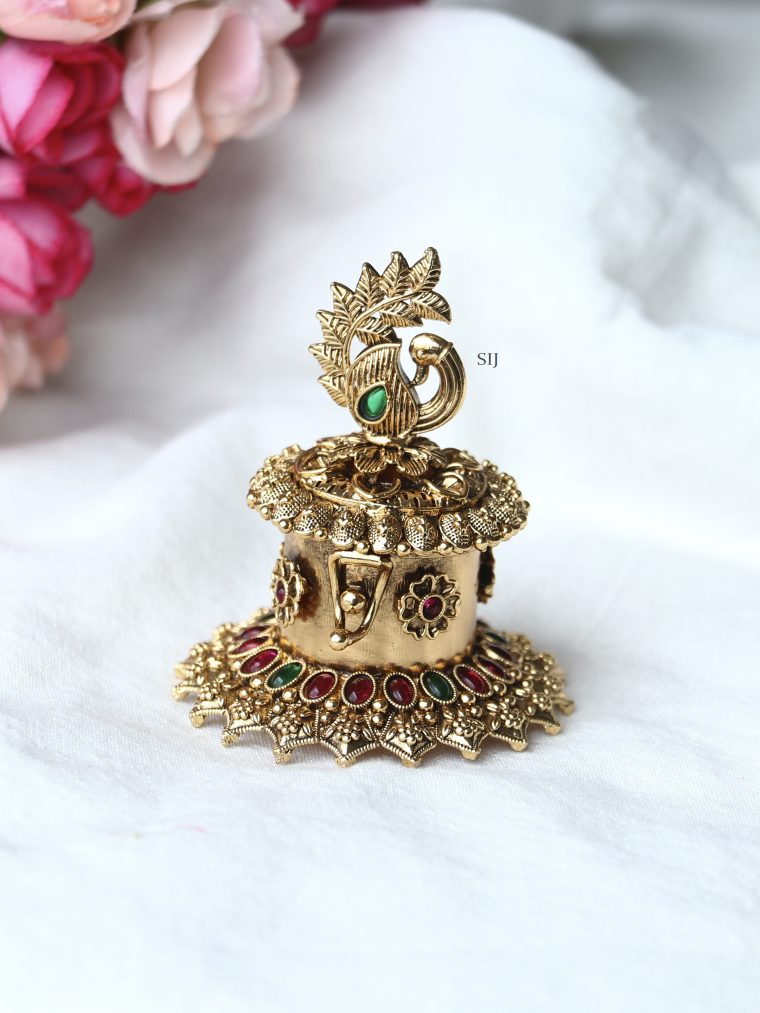 Gold Finish Peacock Design KumKum Box with Kemp Stones