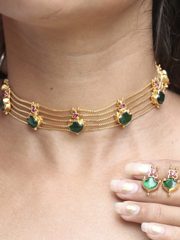 Gold Plated Five Lines Chain Choker with Green Palakka Stones