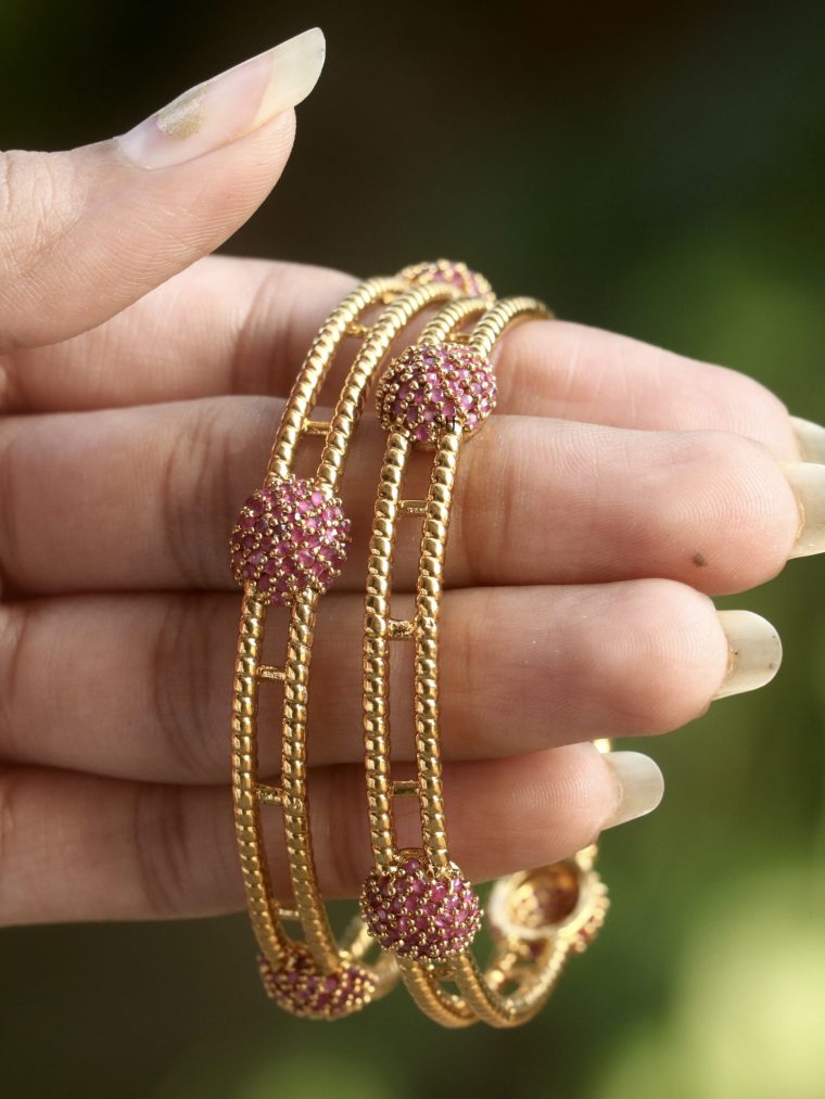 Gold Finish Pink Stone Designer Bangles