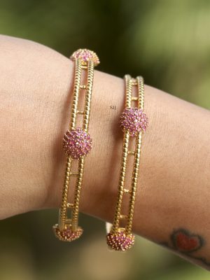 Gold Finish Pink Stone Designer Bangles