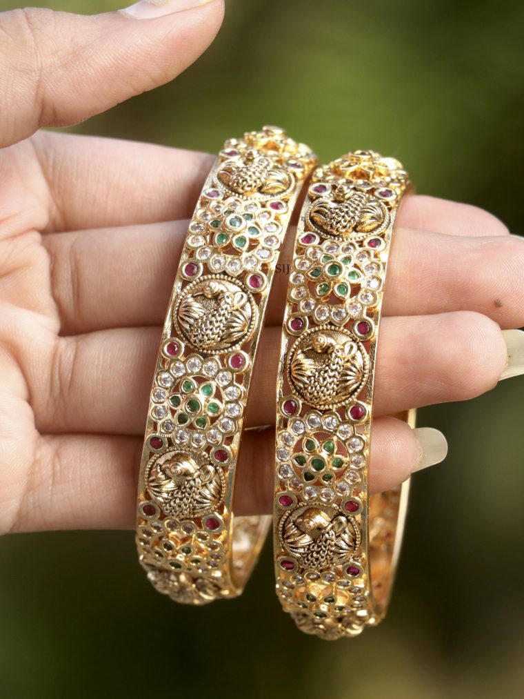 Gold Plated Mayuri and Stones Flower Design Bangles