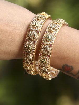 Gold Plated Mayuri and Stones Flower Design Bangles