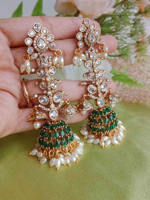 Gold Plated Victorian Long Green Jhumkas