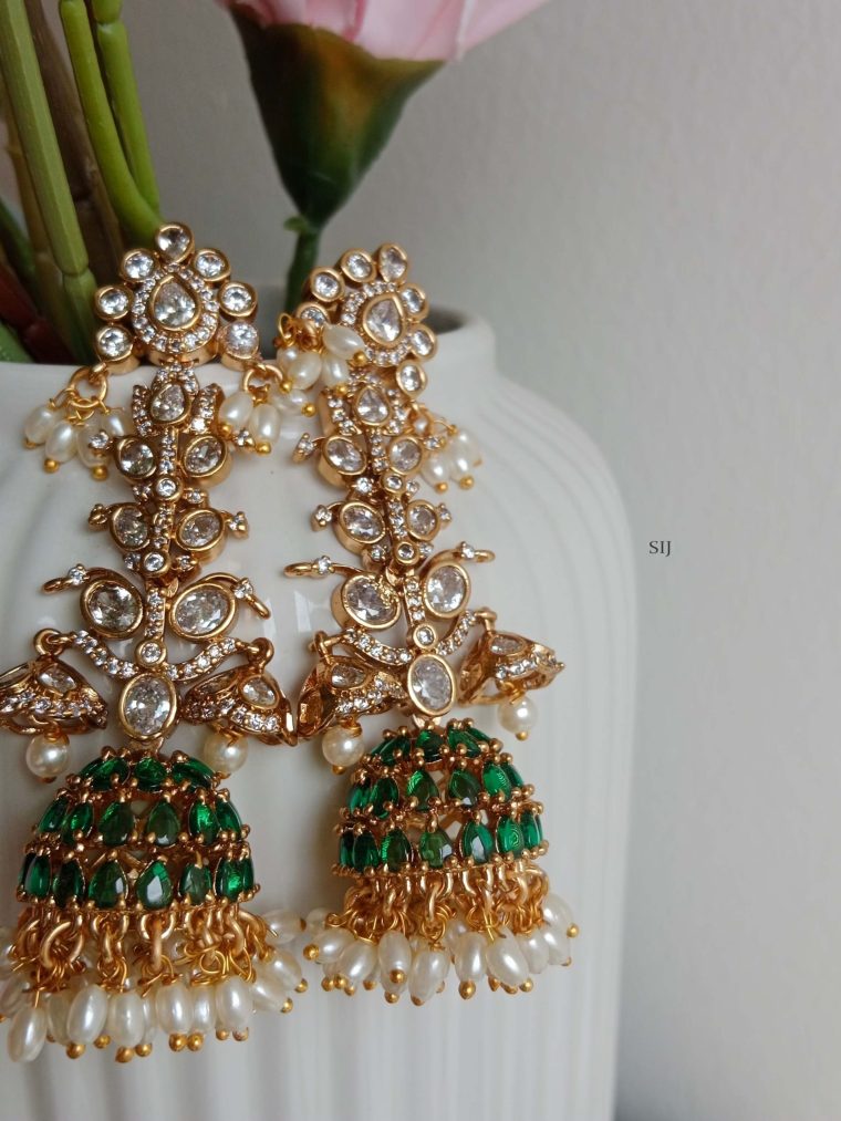 Gold Plated Victorian Long Green Jhumkas