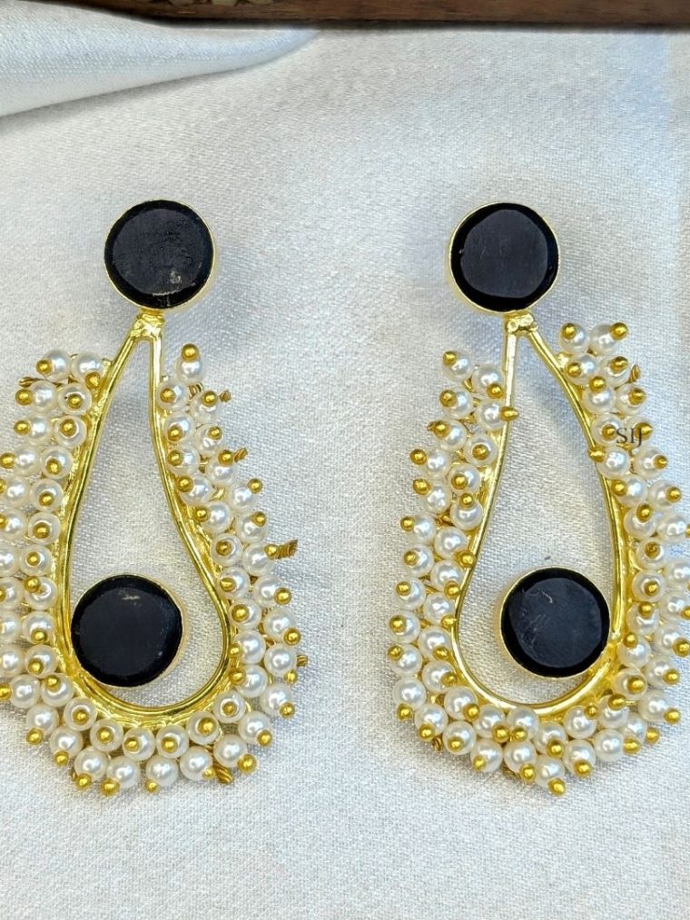 Gold Polish Black Stones Mogra Koiri Shape Earrings with Pearls