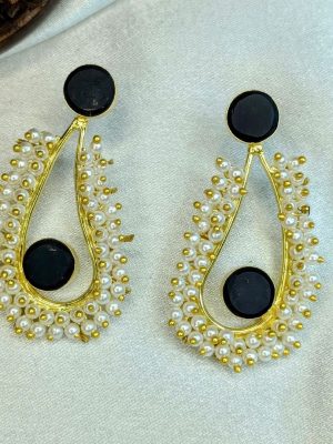 Gold Polish Black Stones Mogra Koiri Shape Earrings with Pearls