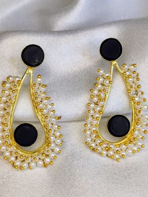 Gold Polish Black Stones Mogra Koiri Shape Earrings with Pearls