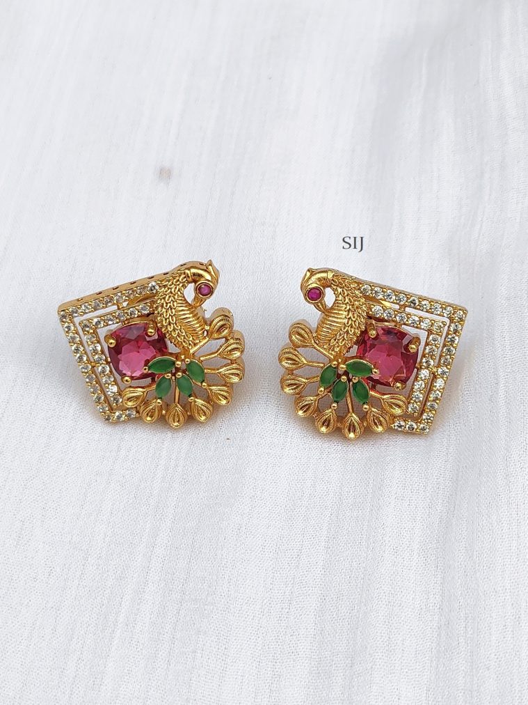 Gold Finish Multi Stones Peacock Ear Studs