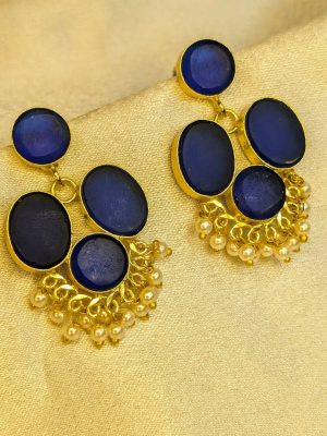 Blue Natural Stone Studded Earrings with Pearls