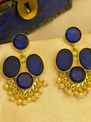 Blue Natural Stone Studded Earrings with Pearls