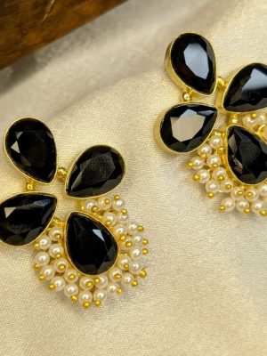 Gold Finish Black Stone Studded Earrings with Pearls