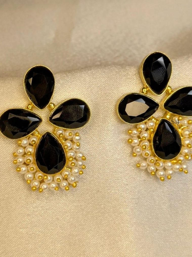 Gold Finish Black Stone Studded Earrings with Pearls