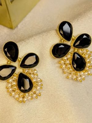 Gold Finish Black Stone Studded Earrings with Pearls