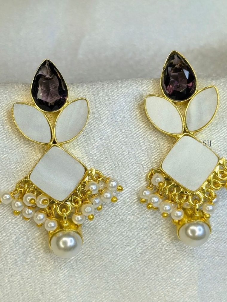 Imitation Mop Pearl Rabbit Glossy Drop Earrings with Purple Stone