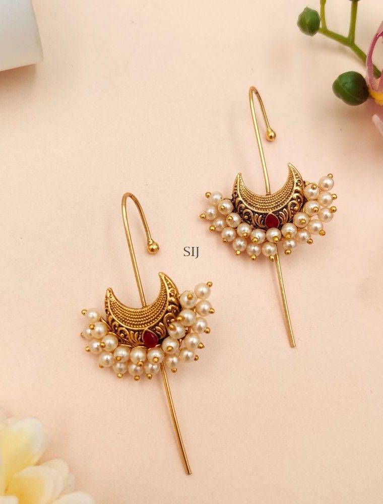 Gold Plated Half Moon Ear Cuffs with Bunch of Pearls