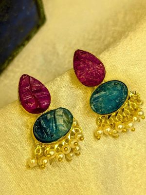 Gold Plated Pink and Blue Natural Stone Earrings with Pearls