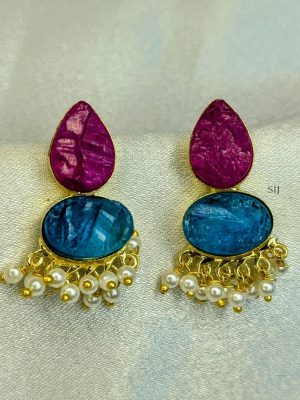 Gold Plated Pink and Blue Natural Stone Earrings with Pearls