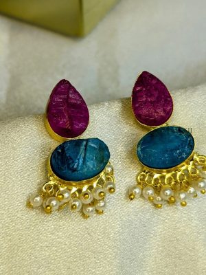 Gold Plated Pink and Blue Natural Stone Earrings with Pearls