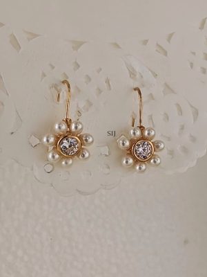 Gold Plated Flower Design Pearl Studded Hook Earrings